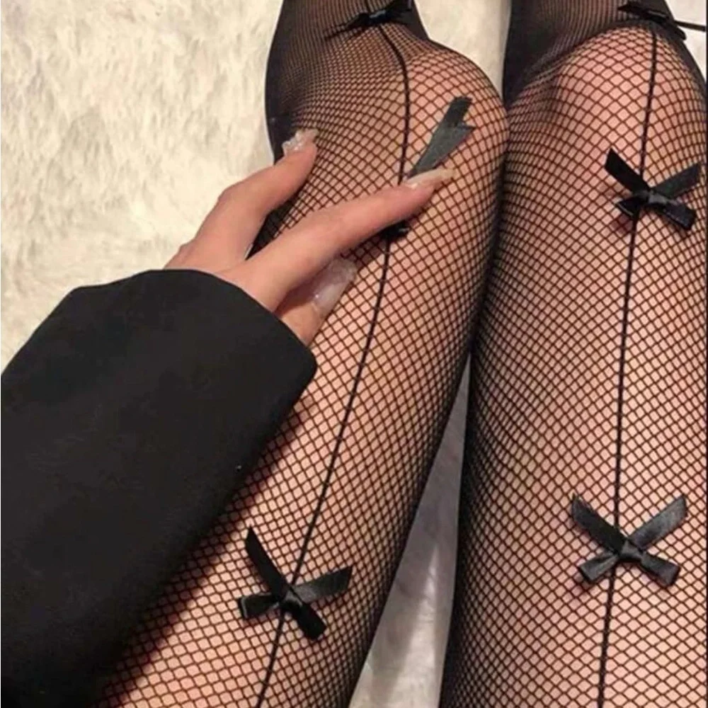 Elegant Black Fishnet Tights with Bows